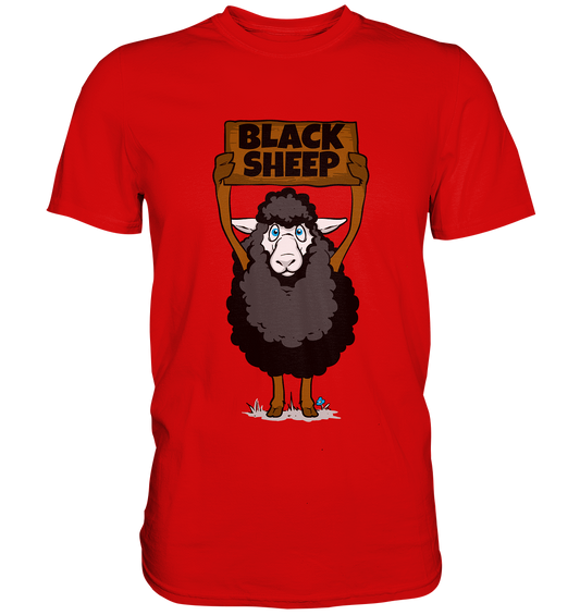 Rotes T-Shirt mit schwarzem Schaf als Motiv – freches Statement für Individualisten.