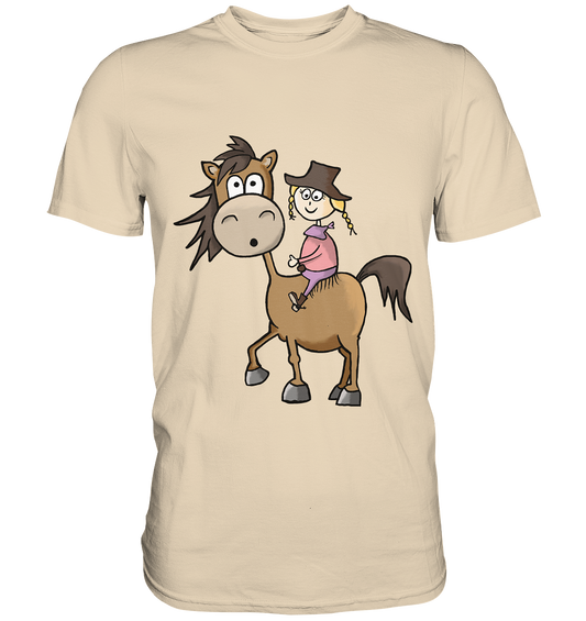 Sandfarbenes Shirt mit Westernmädchen auf Quarter Horse Motiv