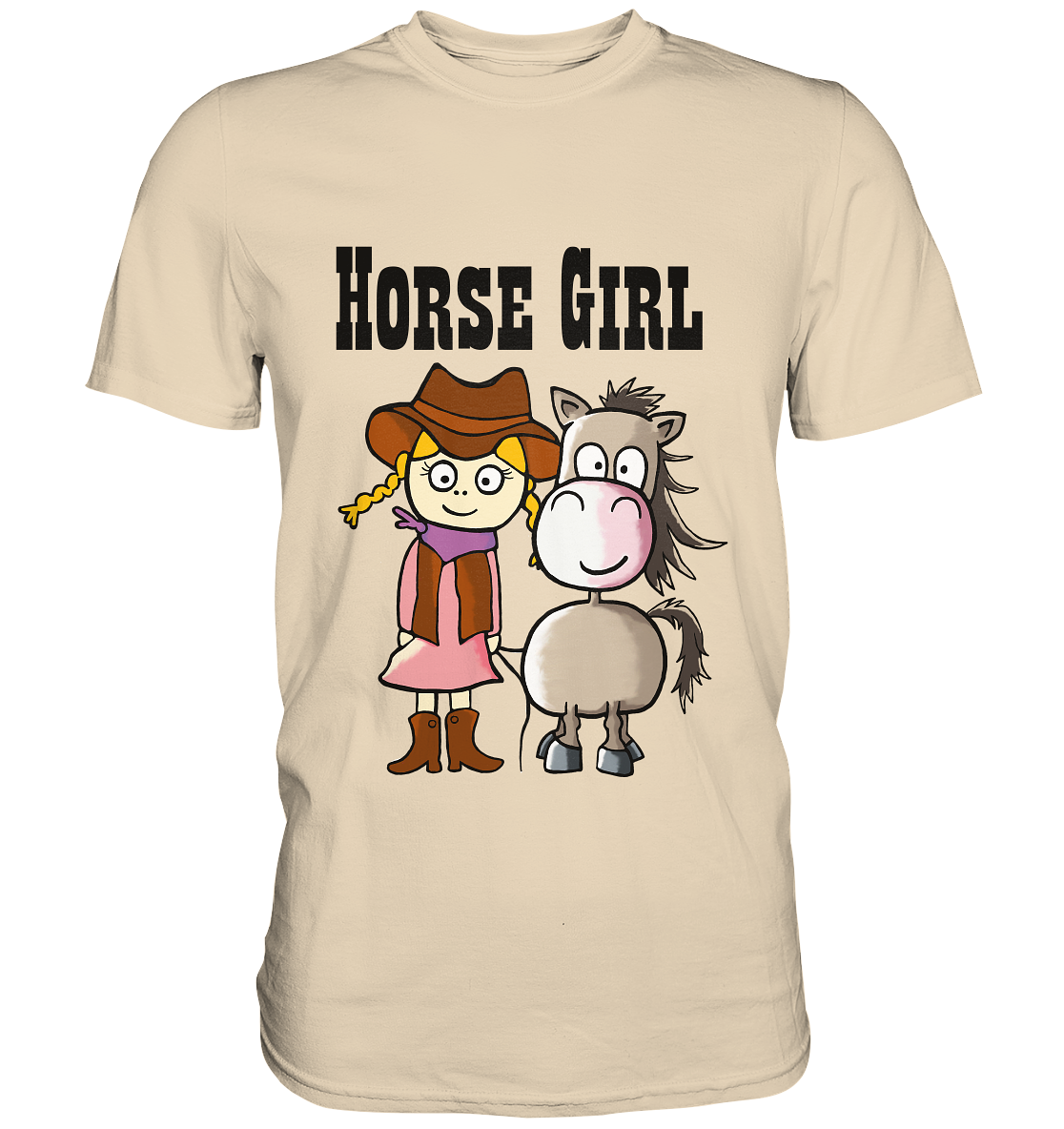 Sandfarbenes Shirt mit Westernmädchen, Quarter Horse und Schriftzug Horse Girl