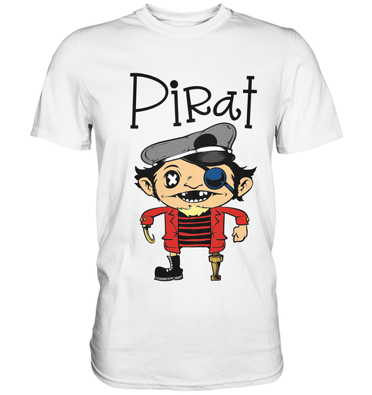 Weißes Shirt mit witzigem Piratenmotiv: Pirat mit Holzbein, Hakenhand und grimmigem Blick.