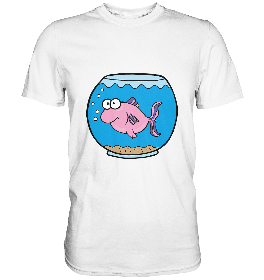 Schwarzes Shirt mit witzigem Motiv: Kleiner Fisch schwimmt in einem Trinkglas, minimalistisch und verspielt.