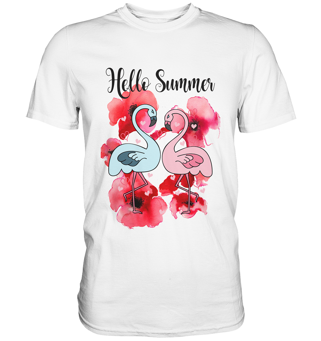 Weißes T-Shirt mit zwei Flamingos, Hibiskusblüten und Schriftzug „Hello Summer“, tropisches Sommermotiv.