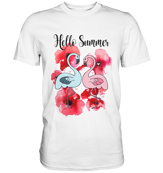 Weißes T-Shirt mit zwei Flamingos, Hibiskusblüten und Schriftzug „Hello Summer“, tropisches Sommermotiv.