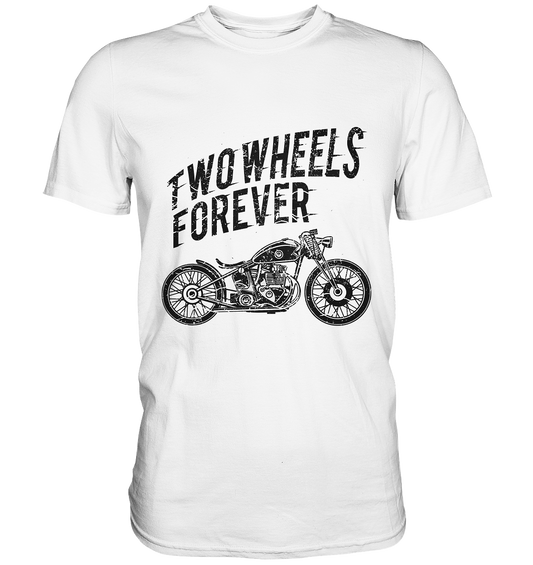 Schwarzes T-Shirt mit Vintage Biker Design und Schriftzug „Two Wheels Forever“, Retro Motorrad Lifestyle Shirt.