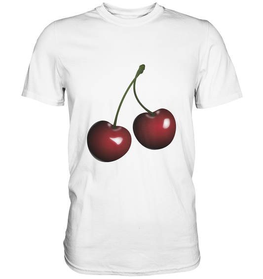 Weißes T-Shirt mit zwei roten Kirschen – schlichtes, frisches Fruchtmotiv ohne Text.