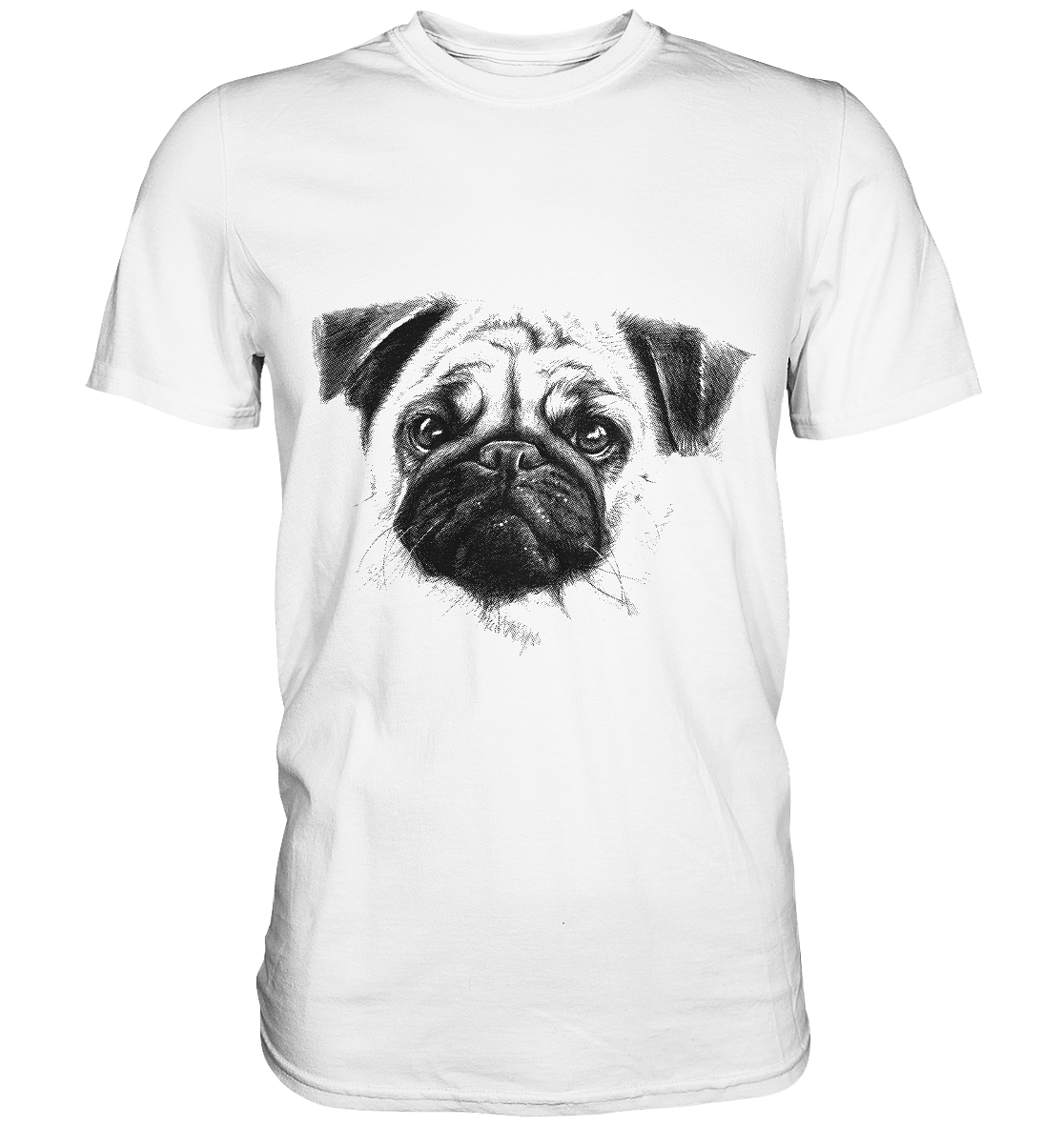 Weißes T-Shirt mit Mopsgesicht als Motiv – ohne Schrift, minimalistisch und charmant.