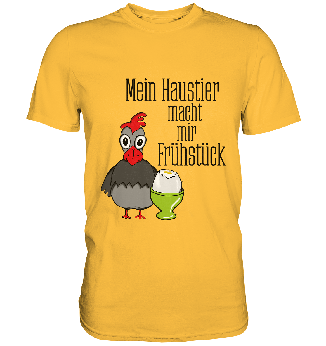 Gelbes Shirt mit lustigen Hühnern und Schriftzug Mein Haustier macht mir Frühstück