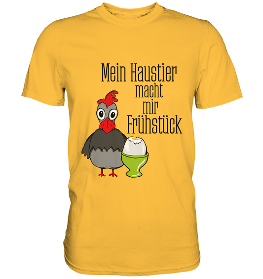 Gelbes Shirt mit lustigen Hühnern und Schriftzug Mein Haustier macht mir Frühstück