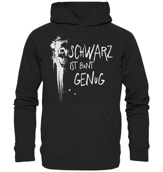 Schwarzer Hoodie Pulli mit Spruch „Schwarz ist bunt genug“ und Skull-Graffiti-Design, lässiges Streetwear Shirt aus 100 % Baumwolle.