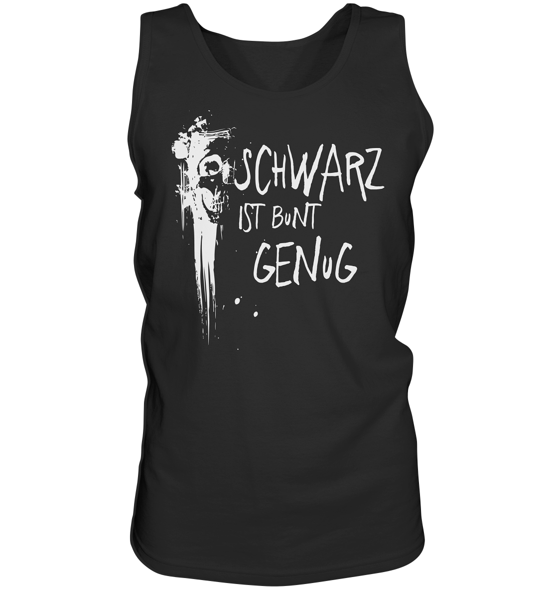 Schwarzes Tank-Top mit Spruch „Schwarz ist bunt genug“ und Skull-Graffiti-Design, lässiges Streetwear Shirt aus 100 % Baumwolle.