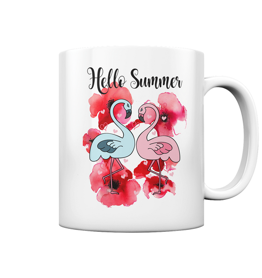 Tasse mit Tropical Flamingo und Hibiskusblüten Motiv, weiß glänzend, Sommerdesign.