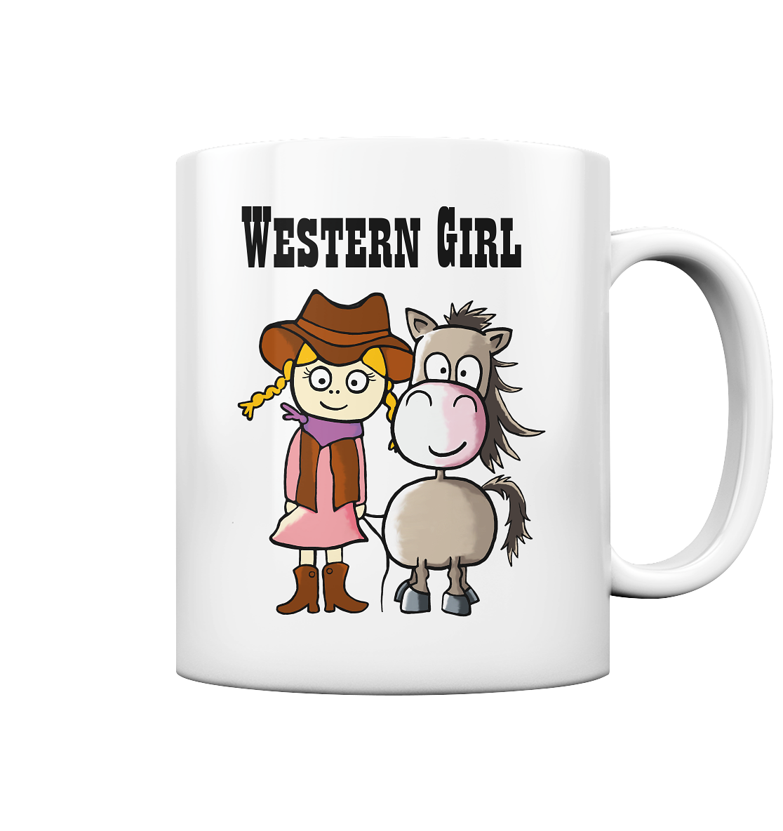 Weiße Tasse mit Western Girl, Cowboyhut und Pferd Motiv