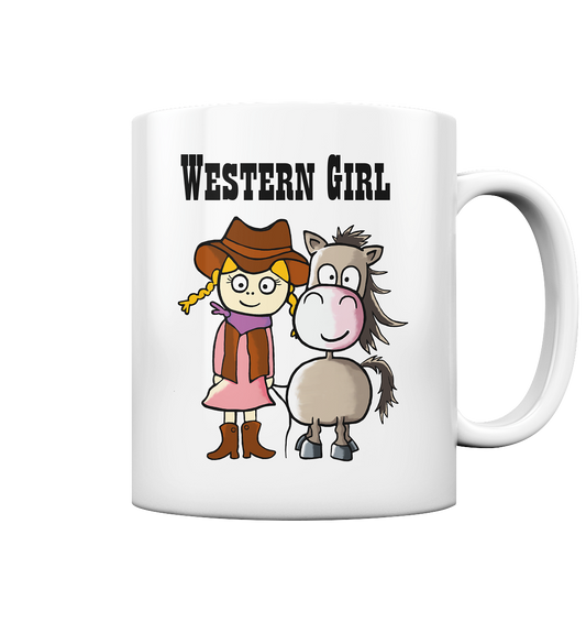 Weiße Tasse mit Western Girl, Cowboyhut und Pferd Motiv