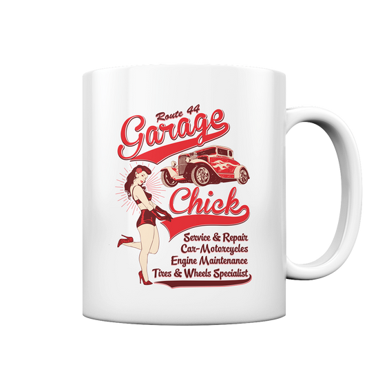 Weiße Tasse mit Pinup Girl im Rockabilly-Stil – sexy Garage Chick im Vintage-Look.