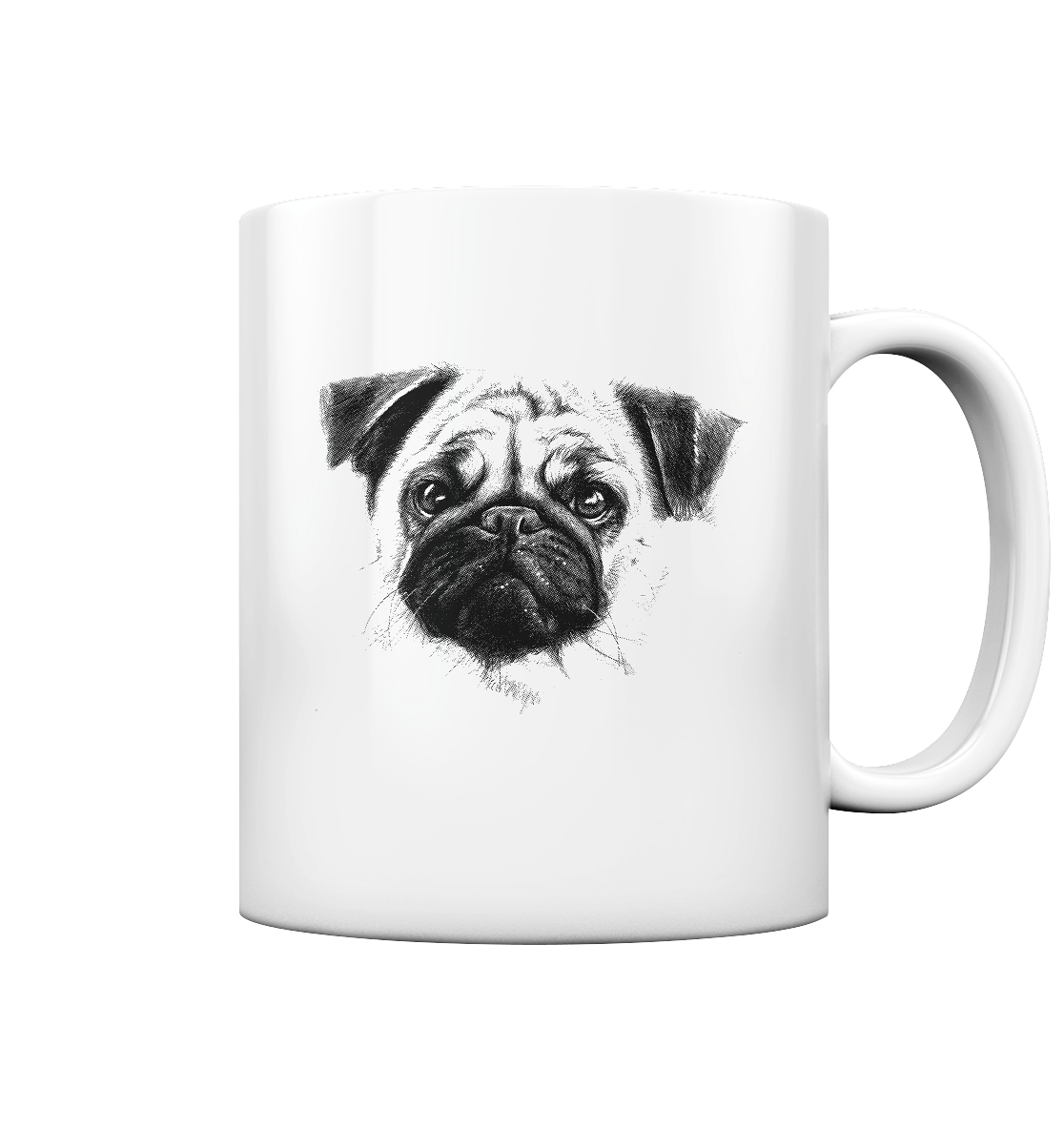 Weiße Tasse mit süßem Mopsgesicht – ohne Schrift, minimalistisch