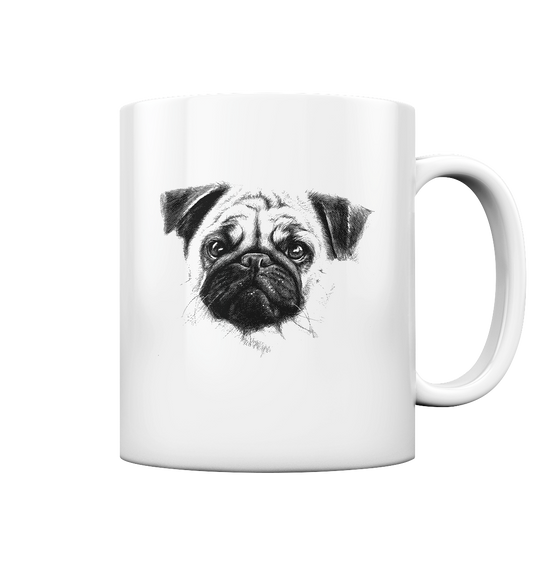 Weiße Tasse mit süßem Mopsgesicht – ohne Schrift, minimalistisch