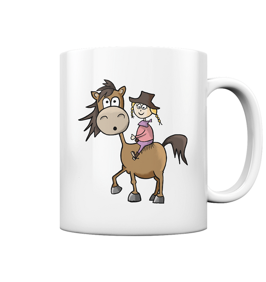 Weiße Tasse mit Westernmädchen auf Quarter Horse Motiv