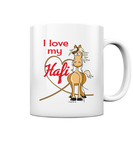 Weiße Tasse mit Haflinger und Herzmotiv, Spruch „I love my Hafi“ 