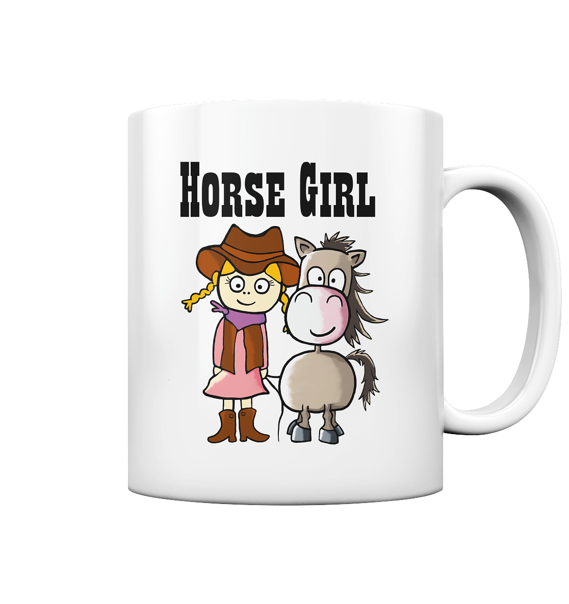 Weiße Tasse mit Westernmädchen, Quarter Horse und Schriftzug Horse Girl