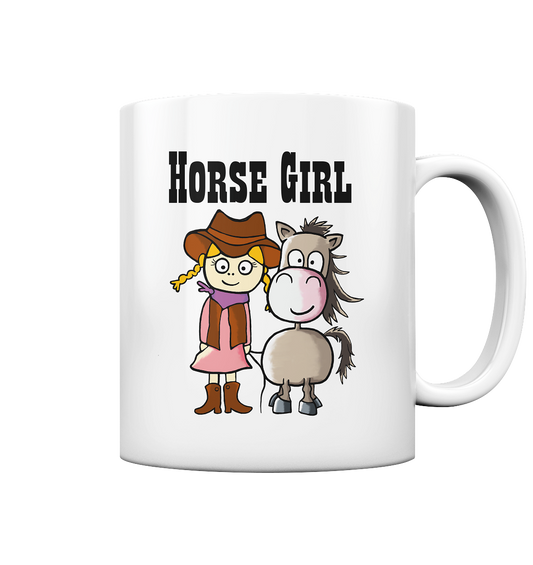 Weiße Tasse mit Westernmädchen, Quarter Horse und Schriftzug Horse Girl