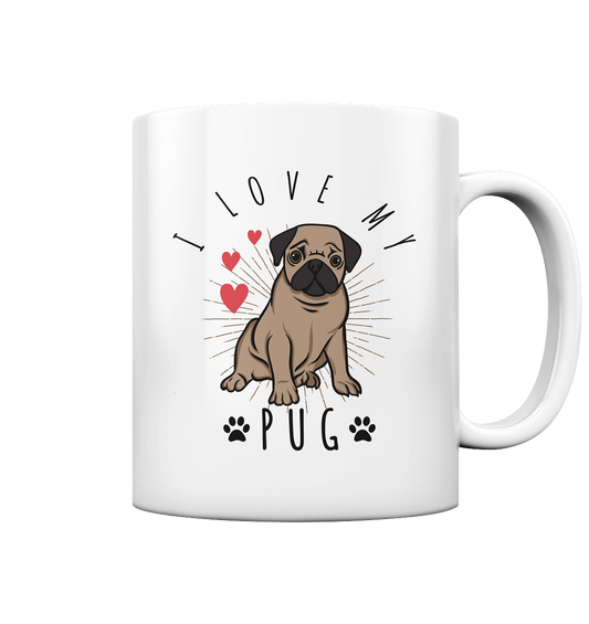 Weiße Tasse mit süßem Mops-Motiv und Spruch „I love my pug“ – für Hundefreunde und Mopsfans mit Herz.
