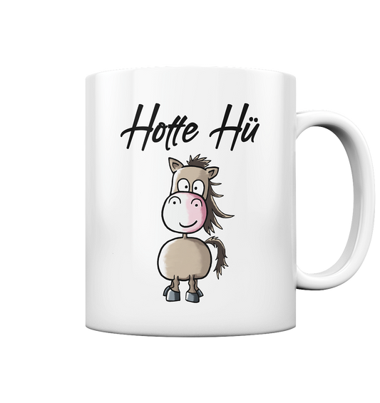Weiße Tasse mit kleinem braunen Pferd und Schriftzug Hotte Hü