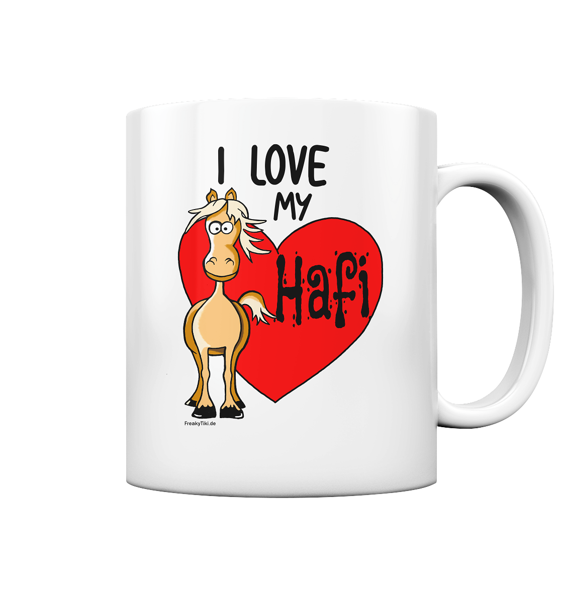 Weiße Tasse mit Haflinger-Motiv und Schriftzug I love my Hafi