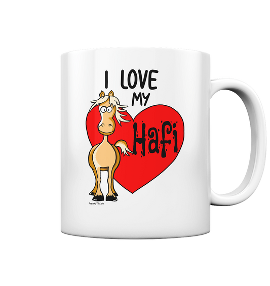 Weiße Tasse mit Haflinger-Motiv und Schriftzug I love my Hafi