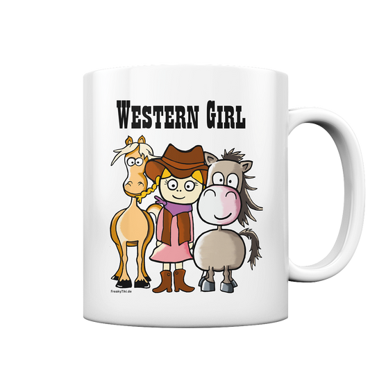 Weiße Tasse mit Western Girl und zwei Pferden Motiv