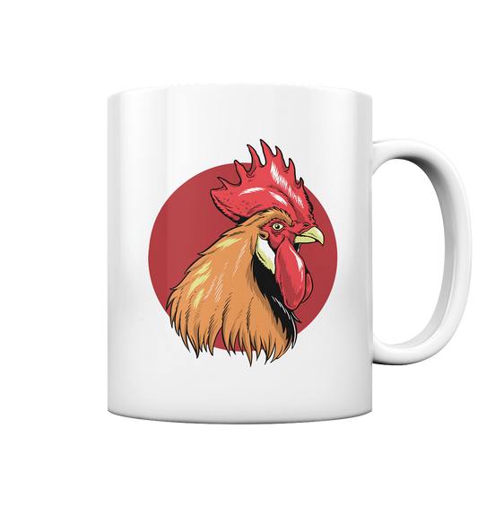 Weiße Tasse mit lustigem Hahnmotiv 