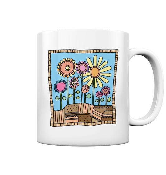 Blumenbeet mit Sommerblumen. Garten Gärtner - Tasse glossy
